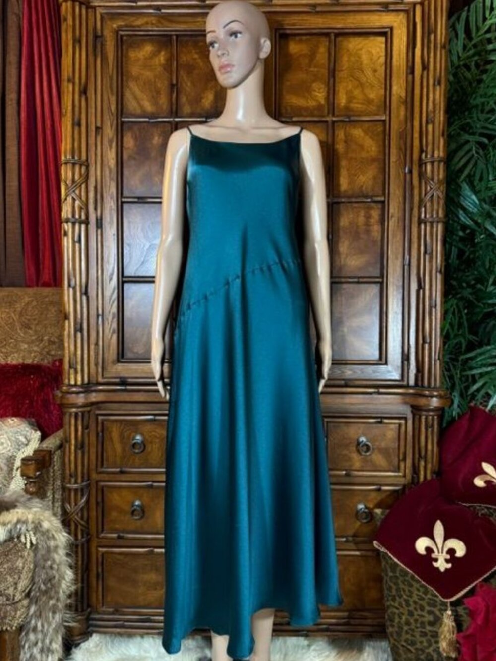 Express Teal Satin Asymmetrical Seam Adjustable Strap Maxi Dress